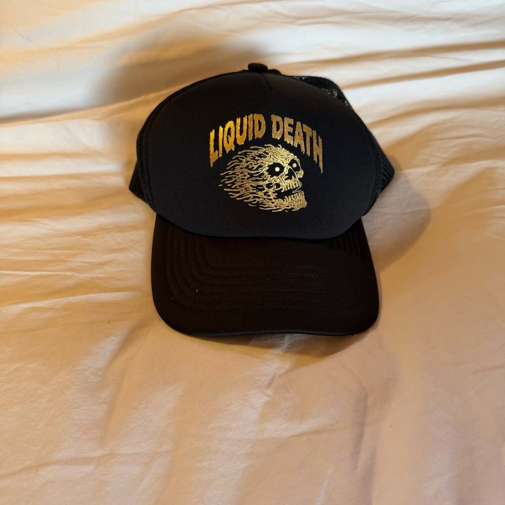 Liquid Death Murder Your Thirst Black & Gold Trucker Hat Promo Hat Water Liquid